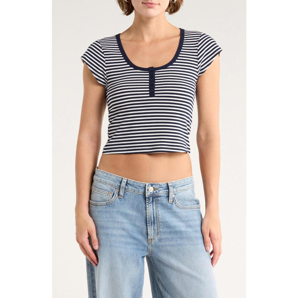 Abound Short Sleeve Crop Ribbed Henley in Navy-White Stripe Size Small